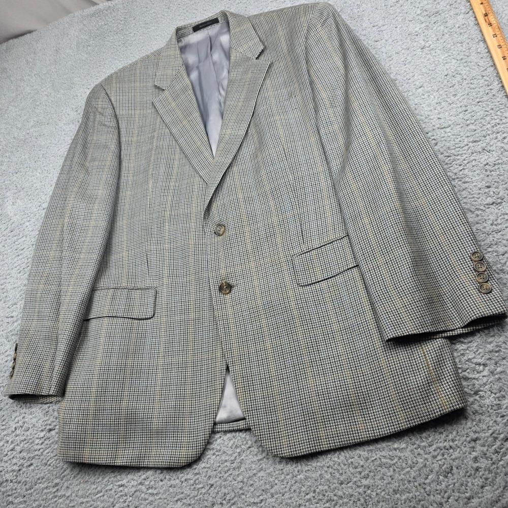 Chaps Mens‎ 44R Blazer Sport Coat Silk Wool Blend Houndstooth Gray Tan